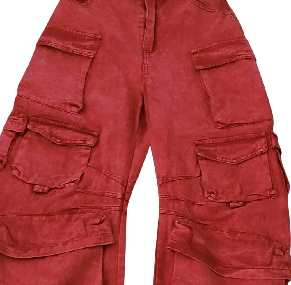 Strapless Washed Red Cargo Jumpsuit Utility Pocket Y2K Streetwear Festival - Picture 13 of 15